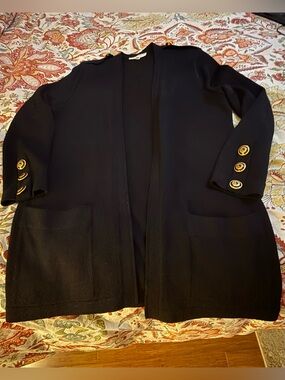 St John Separates Medium Long Open Front Cardigan Black Knit Jacket Logo Buttons